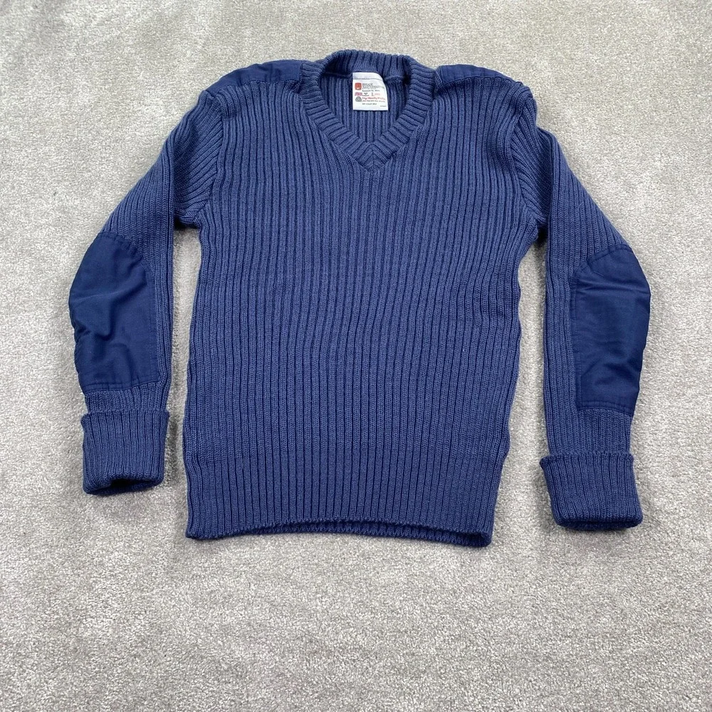 Brigade Quartermasters Wool Pullover Men L 42 Dark Blue V-Neck Elbow Patches